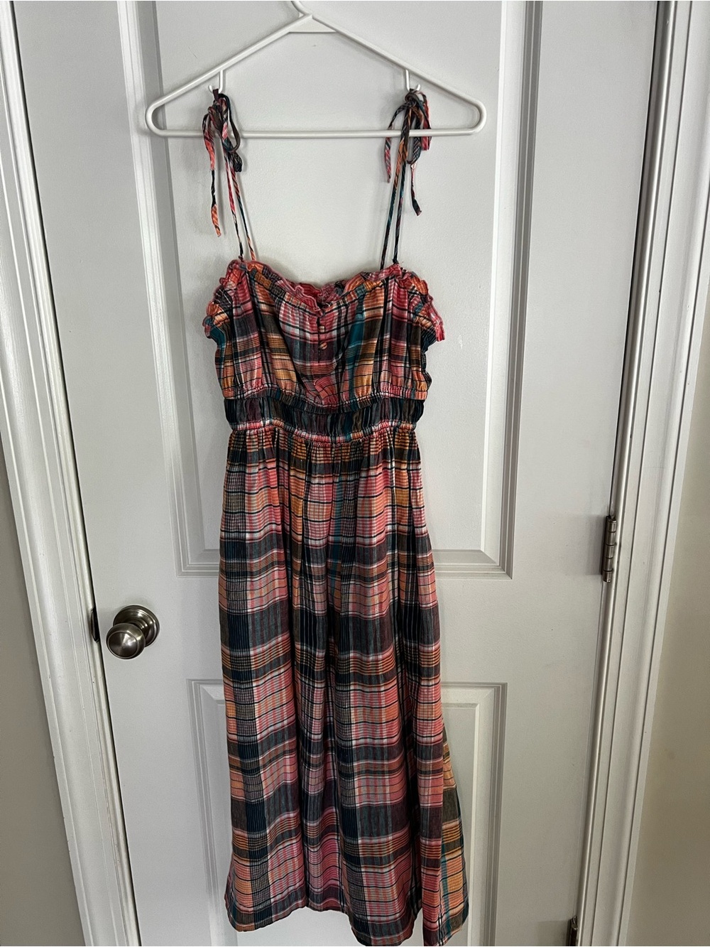 Vineyard Vines 100% Linen Madras Plaid Tie-Strap Midi Sundress in Coral & Blue